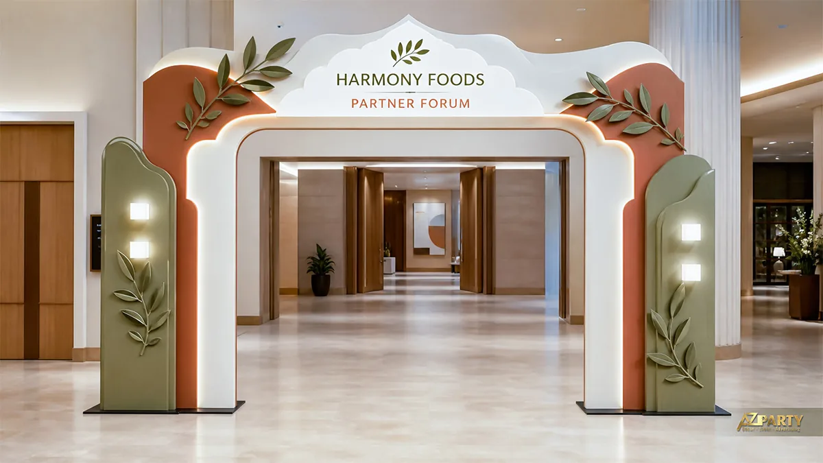Cổng sự kiện Harmony Foods màu trắng, cam đất và xanh olive với các nhánh lá trang trí hai bên