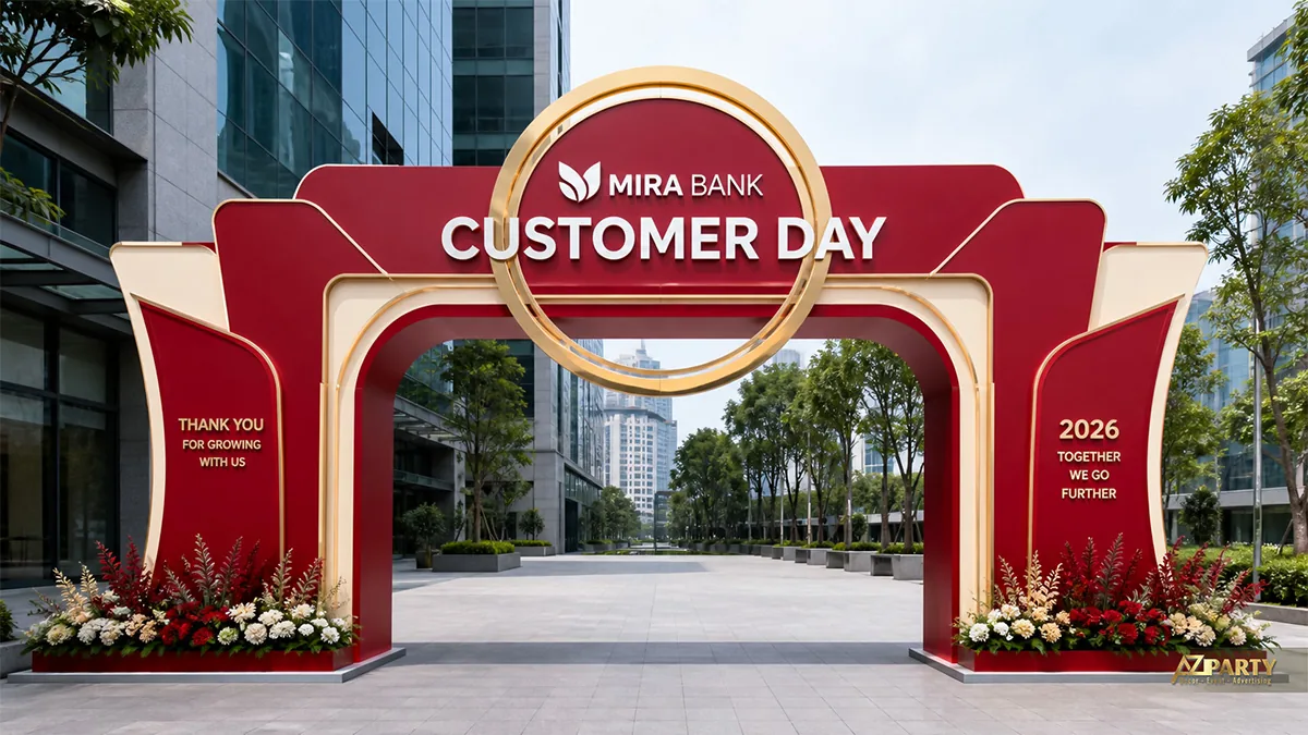 Cổng Customer Day Mira Bank màu đỏ kem viền vàng, bảng tên tròn và hai bồn hoa dưới chân