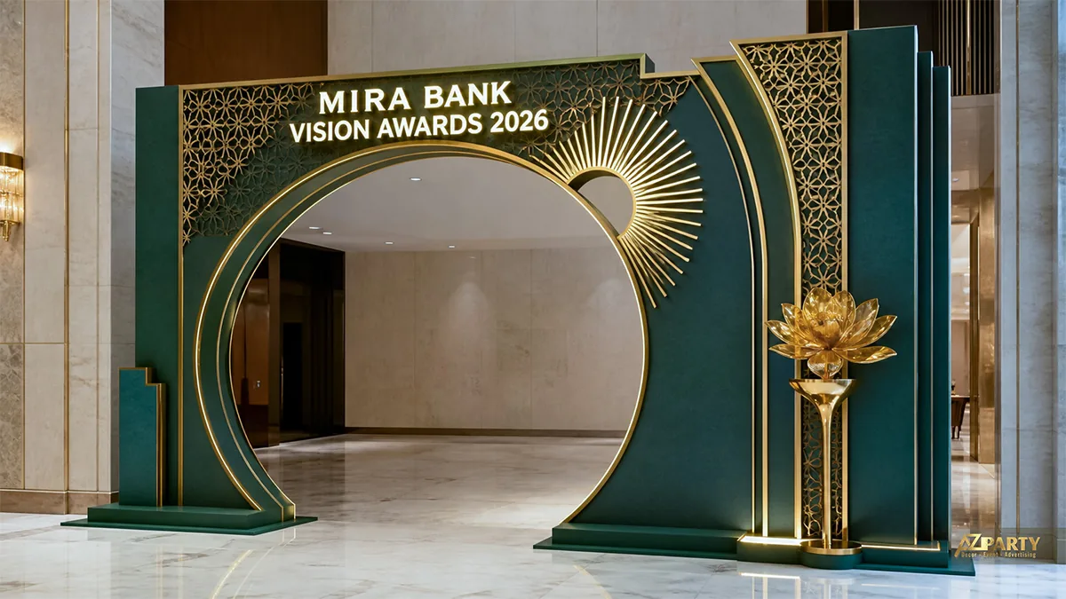 Cổng chào formex Mira Bank xanh ngọc viền vàng với họa tiết hình học, mặt trời và hoa sen ánh kim
