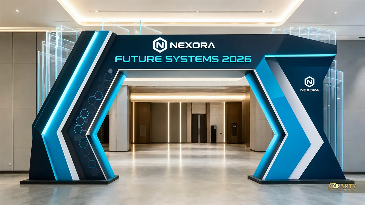 Cổng sự kiện công nghệ Nexora xanh đen với khung lục giác, họa tiết mạch và các lớp mica trong