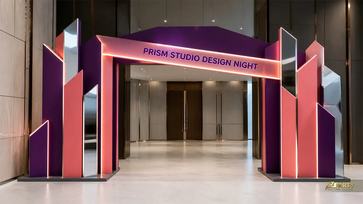 Cổng sự kiện Prism Studio màu tím hồng với các khối dựng cao thấp và đường đèn viền hiện đại