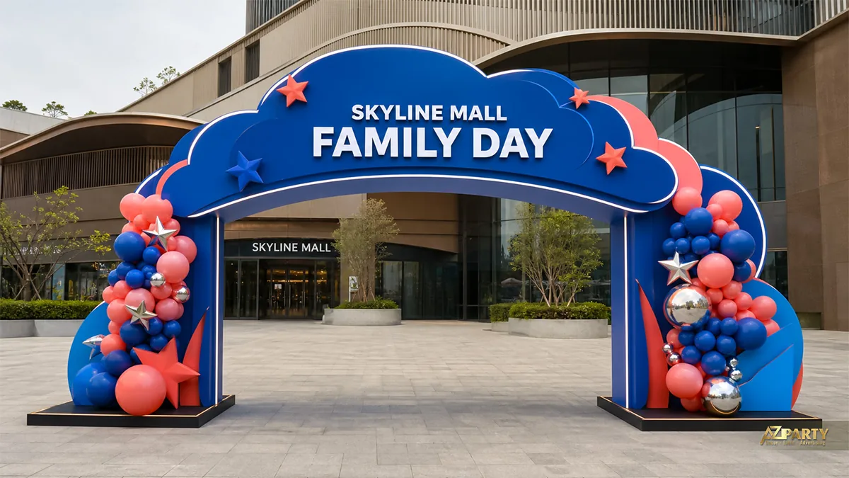 Cổng Family Day Skyline Mall màu xanh dương với mây, ngôi sao và hai cụm bóng đỏ xanh