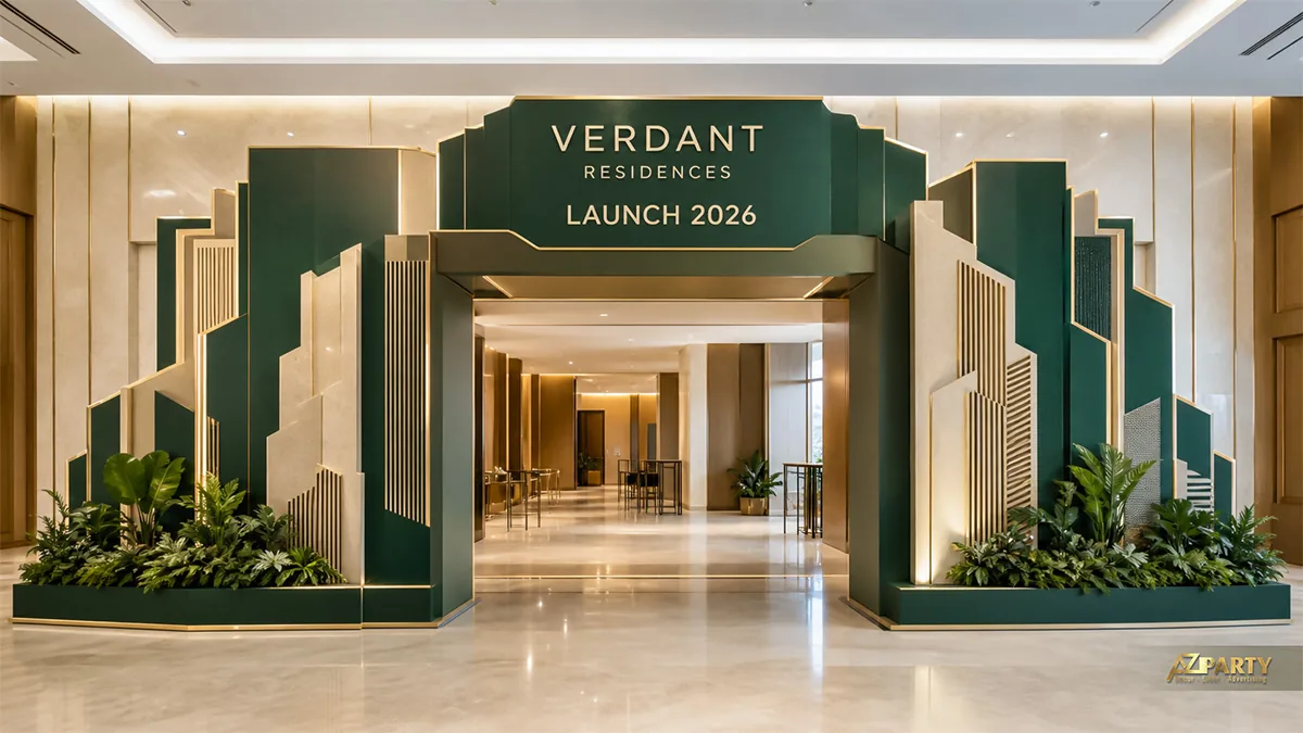 Cổng sự kiện Verdant Residences xanh rêu viền vàng, tạo hình các khối kiến trúc và mảng cây xanh