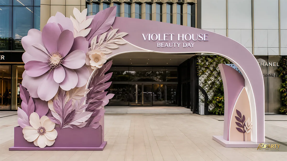 Cổng chào Violet House màu tím pastel với cụm hoa và lá formex khổ lớn ở một bên