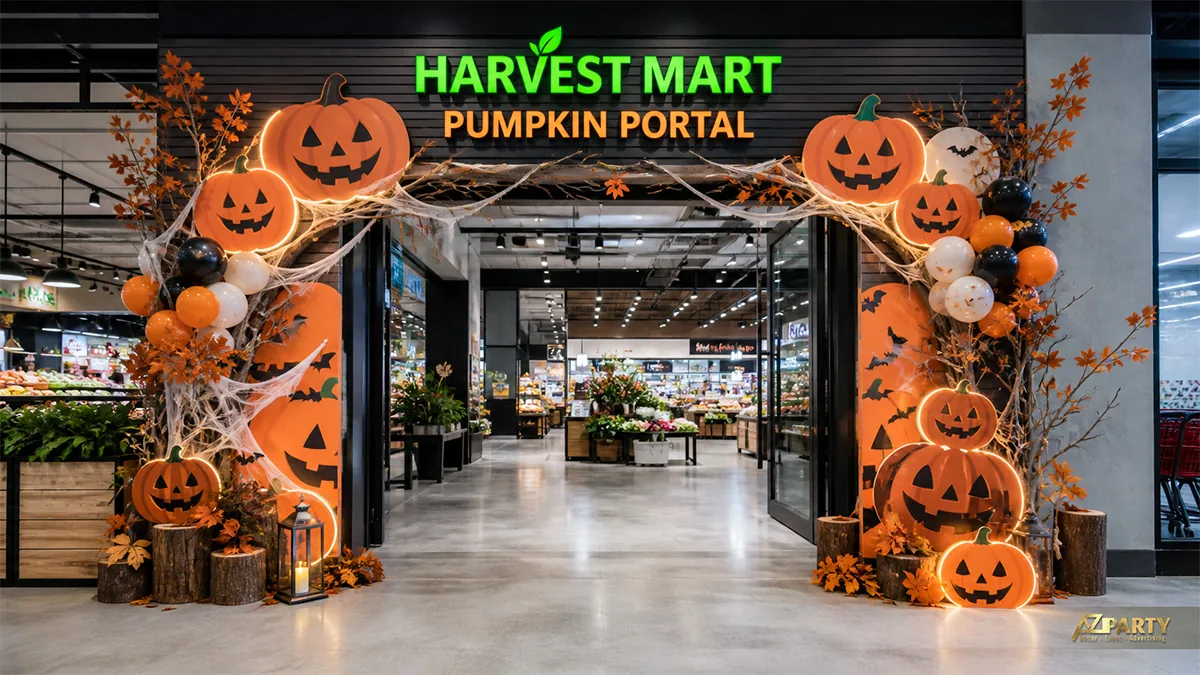 Cổng chào Halloween tại lối vào siêu thị với bí ngô, mạng nhện và những cụm lá cam mùa thu