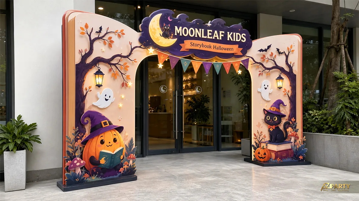 Cổng Halloween phong cách truyện thiếu nhi với bí ngô đọc sách, mèo, ma và nấm