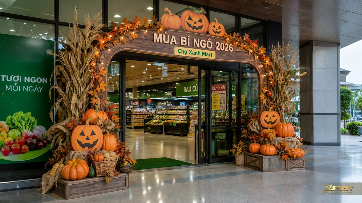 Cổng Harvest Market tại siêu thị với thân bắp, bí ngô, thùng gỗ và lá mùa thu