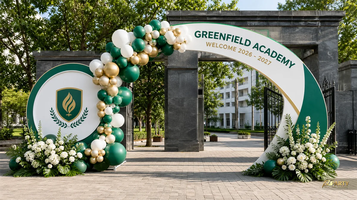 Cổng chào Greenfield Academy màu xanh trắng vàng với bóng ánh kim và hoa trắng