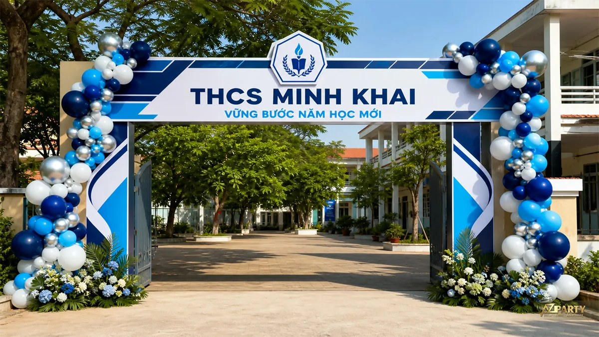 Cổng chào THCS Minh Khai màu xanh trắng bạc với hai dải bóng chạy dọc trụ cổng