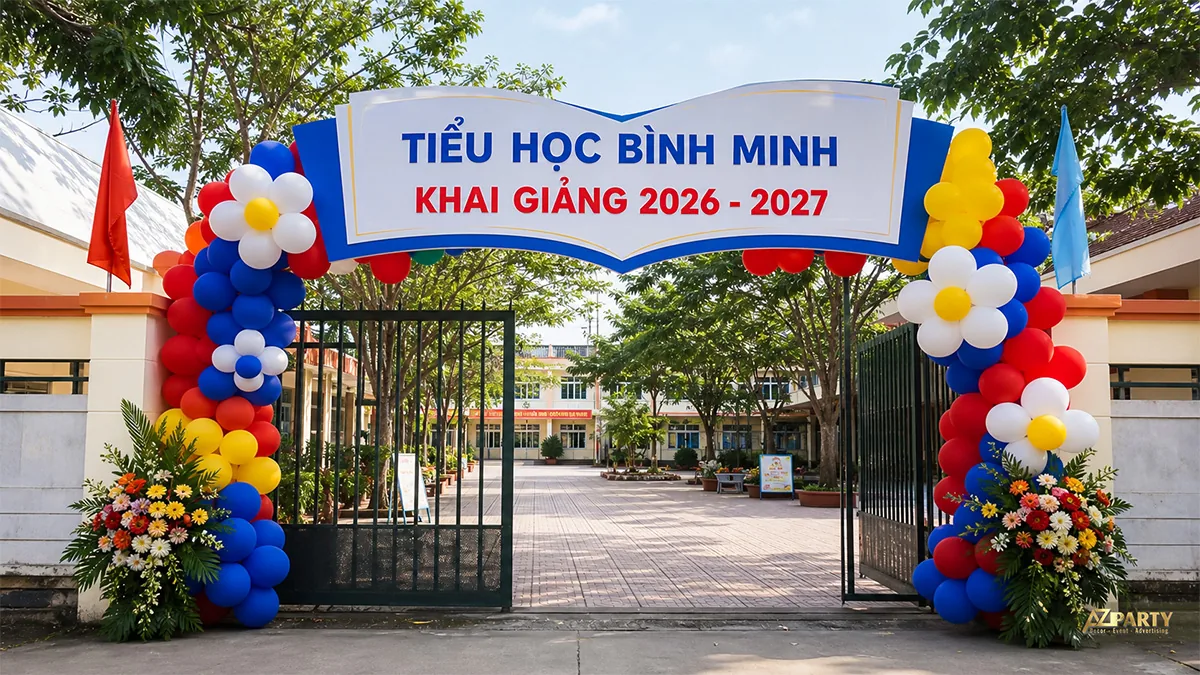 Cổng chào khai giảng Tiểu học Bình Minh hình quyển sách, phối bóng đỏ xanh vàng và hoa cúc