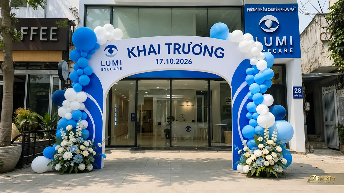 Cổng khai trương nha khoa xanh dương với họa tiết răng