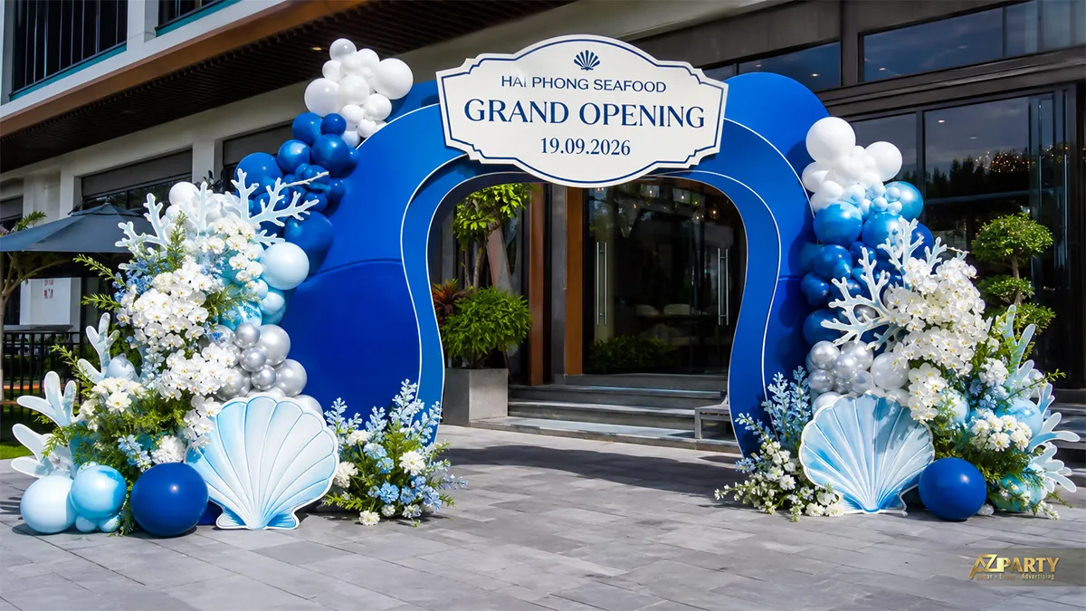Cổng chào Hải Phòng Seafood xanh trắng kết hợp hoa hai bên