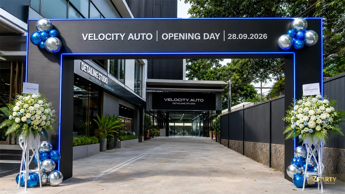 Cổng khai trương Velocity Auto xanh đen theo phong cách hiện đại