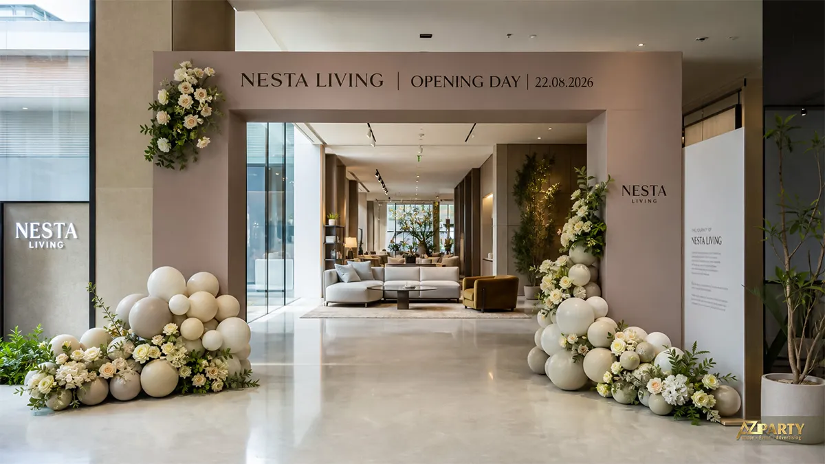 Cổng chào Nesta Living màu kem tại lối vào showroom với bóng và hoa trắng