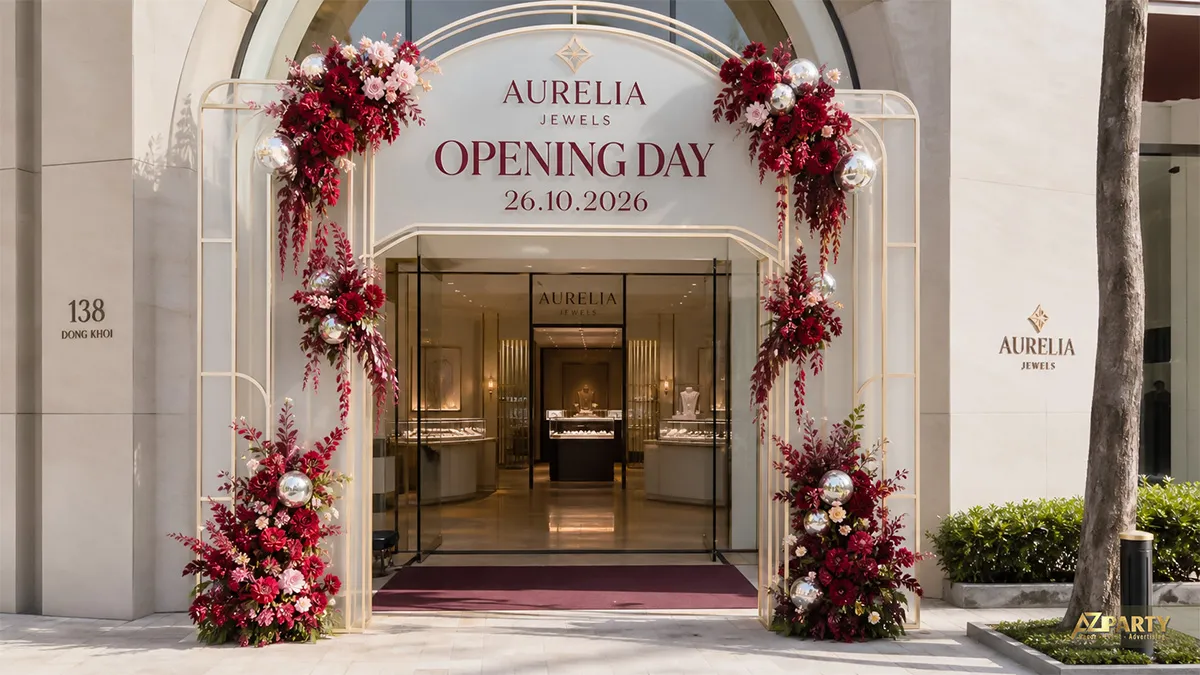 Cổng kim loại màu vàng của Aurelia Jewels kết hoa đỏ burgundy tại cửa hàng trang sức