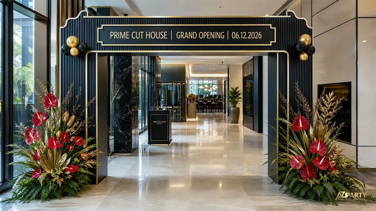 Cổng Prime Cut House màu đen viền vàng với hoa đỏ và bóng đen ánh kim