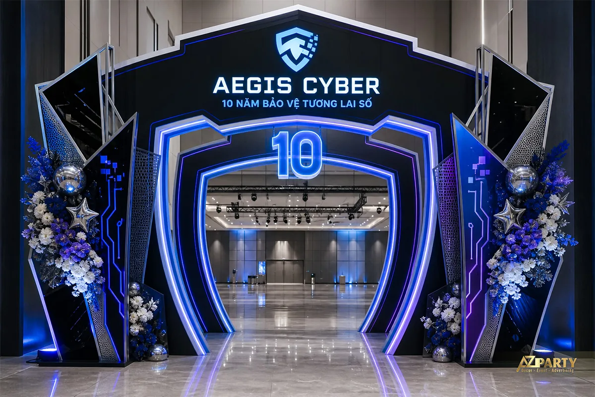 Cổng chào 10 năm Aegis Cyber nhiều lớp ánh sáng xanh tím