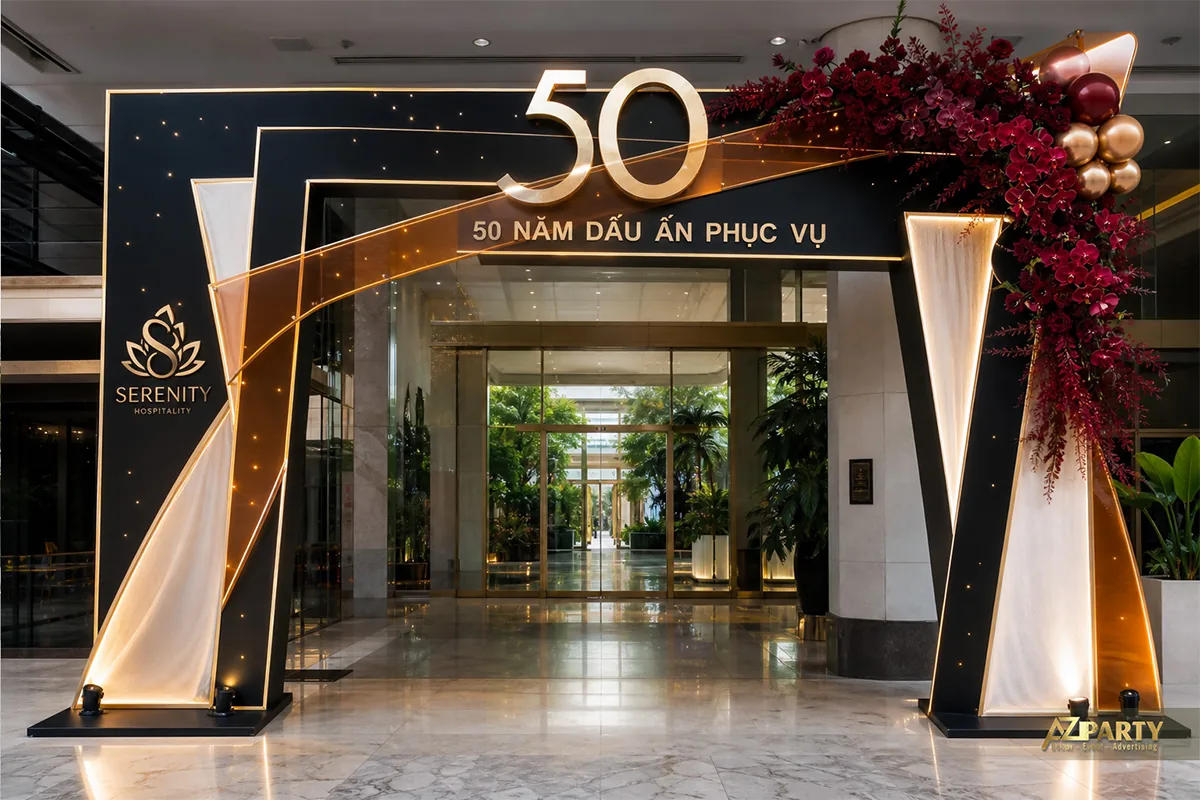 Cổng chào 50 năm Serenity Hospitality tông đen vàng đỏ rượu