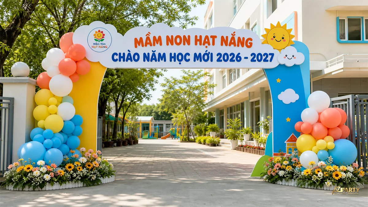 Cổng chào năm học mới Mầm non Hạt Nắng với mặt trời, mây, bóng pastel và hoa vàng