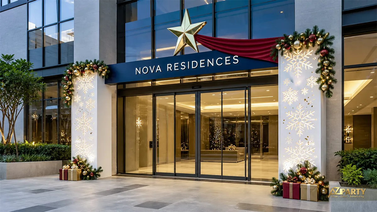 Lối vào tòa nhà với hai cột trang trí dây thông, bông tuyết và ngôi sao vàng dịp Noel