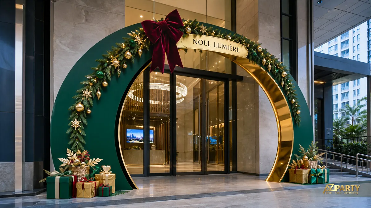 Cổng Noel vòm tròn xanh rêu viền vàng, nơ burgundy và cụm quà trước sảnh