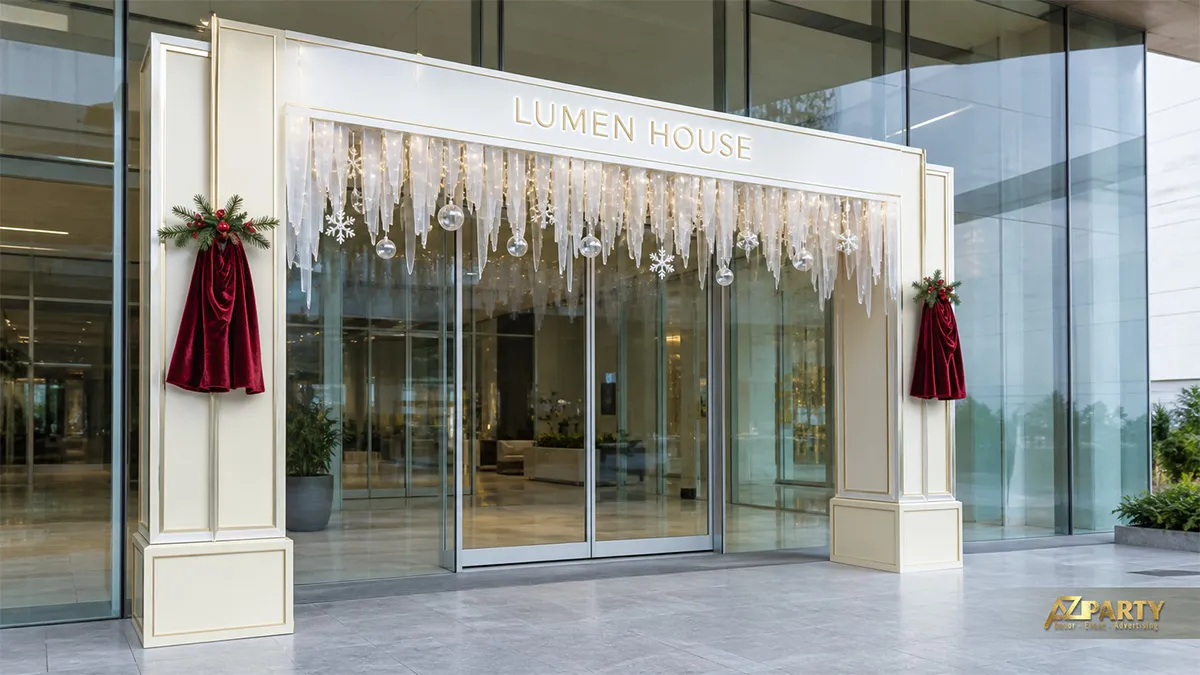 Khung cổng Noel màu kem tối giản với tuyết rủ, hoa tuyết treo và rèm burgundy