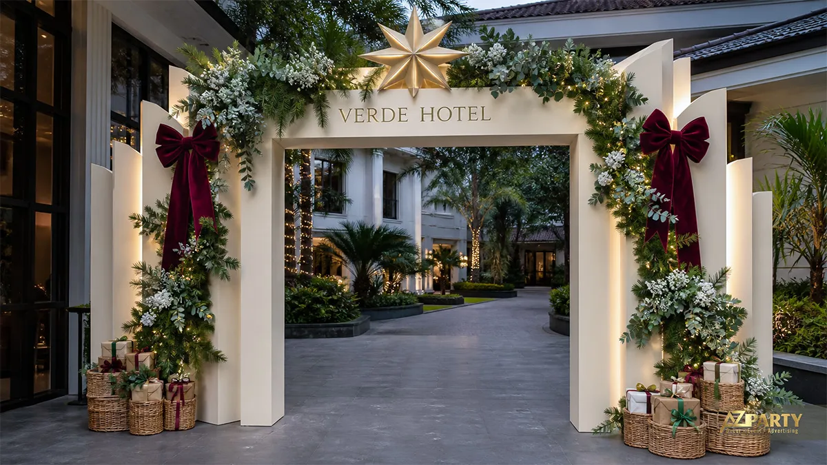 Cổng Noel màu kem với cành thông phủ tuyết, nơ burgundy và giỏ quà