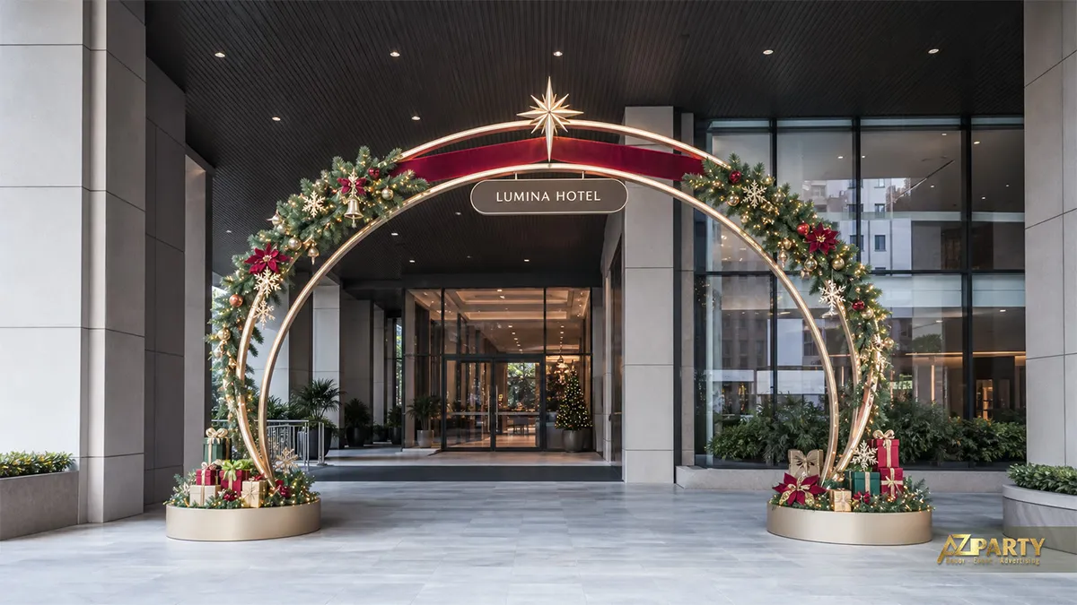 Cổng Noel vòng tròn ánh kim, dây thông, sao vàng và hộp quà trước khách sạn