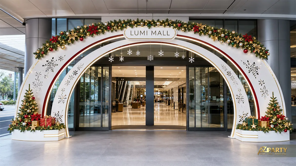 Cổng Noel vòm đôi màu trắng viền đỏ, bông tuyết cắt hình và cây thông hai bên