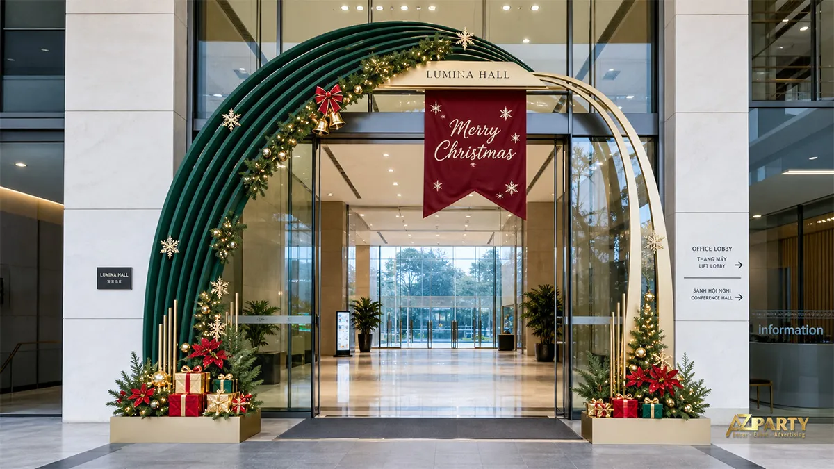 Cổng nhiều lớp màu xanh rêu với bảng Merry Christmas, sao vàng và quà tặng