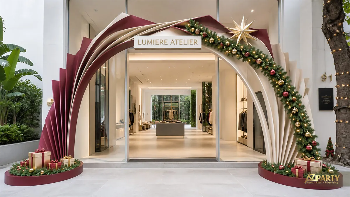 Cổng Noel nan quạt trắng burgundy, sao vàng và vòng lá trước showroom