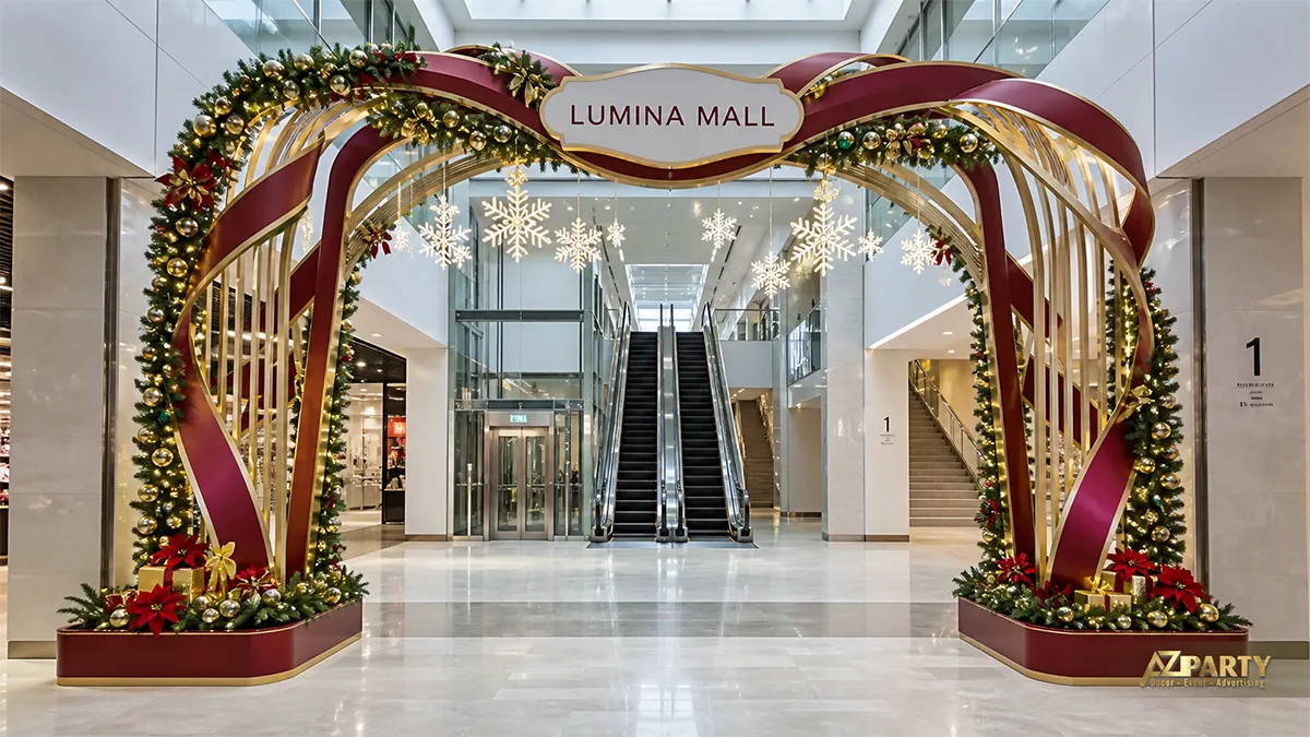 Cổng Noel vòm lớn phối burgundy vàng, nan dọc và bông tuyết treo trong trung tâm thương mại