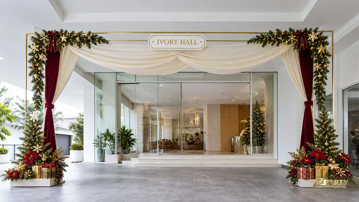 Cổng khung kem rèm burgundy, nơ đỏ và dây thông trước sảnh Ivory Hall