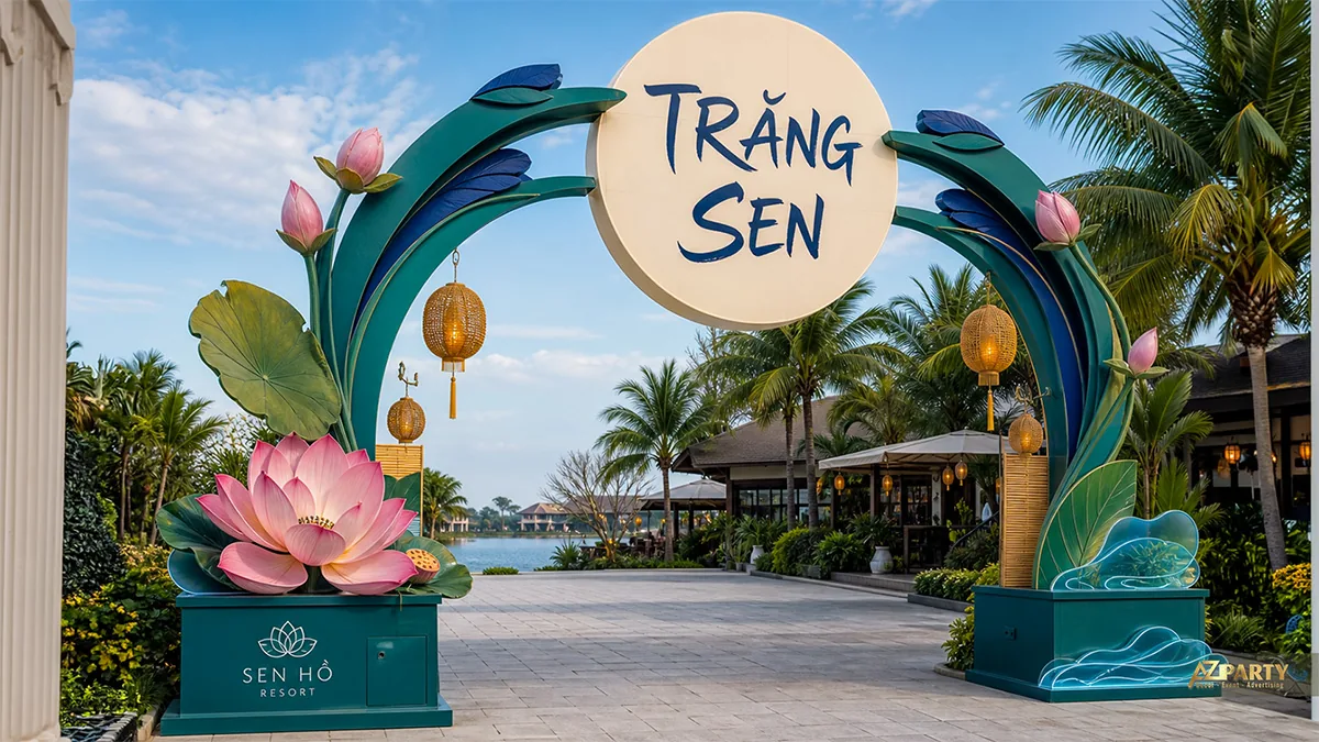 Cổng lá sen xanh tại khu nghỉ dưỡng