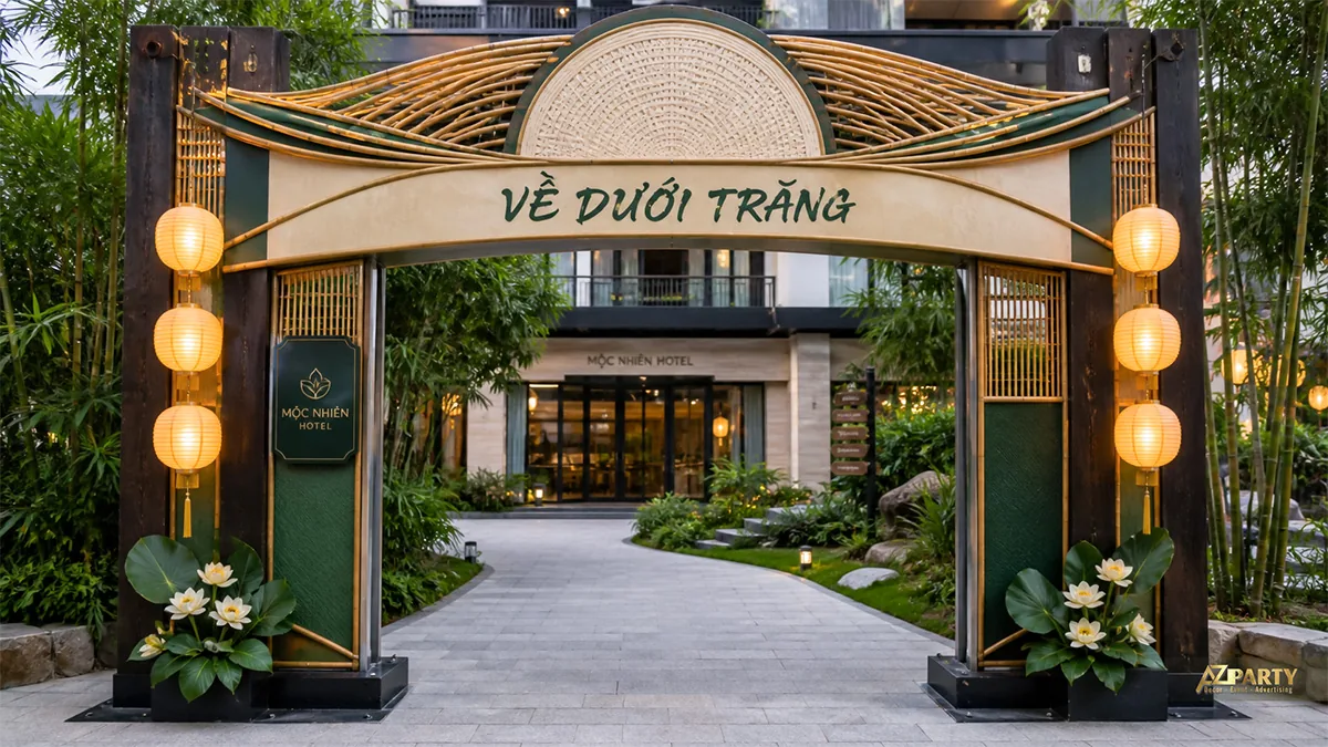 Cổng tre uốn cong treo đèn vàng