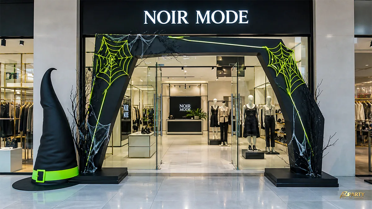 Cổng cửa hàng màu đen với mạng nhện xanh neon và chiếc mũ phù thủy lớn