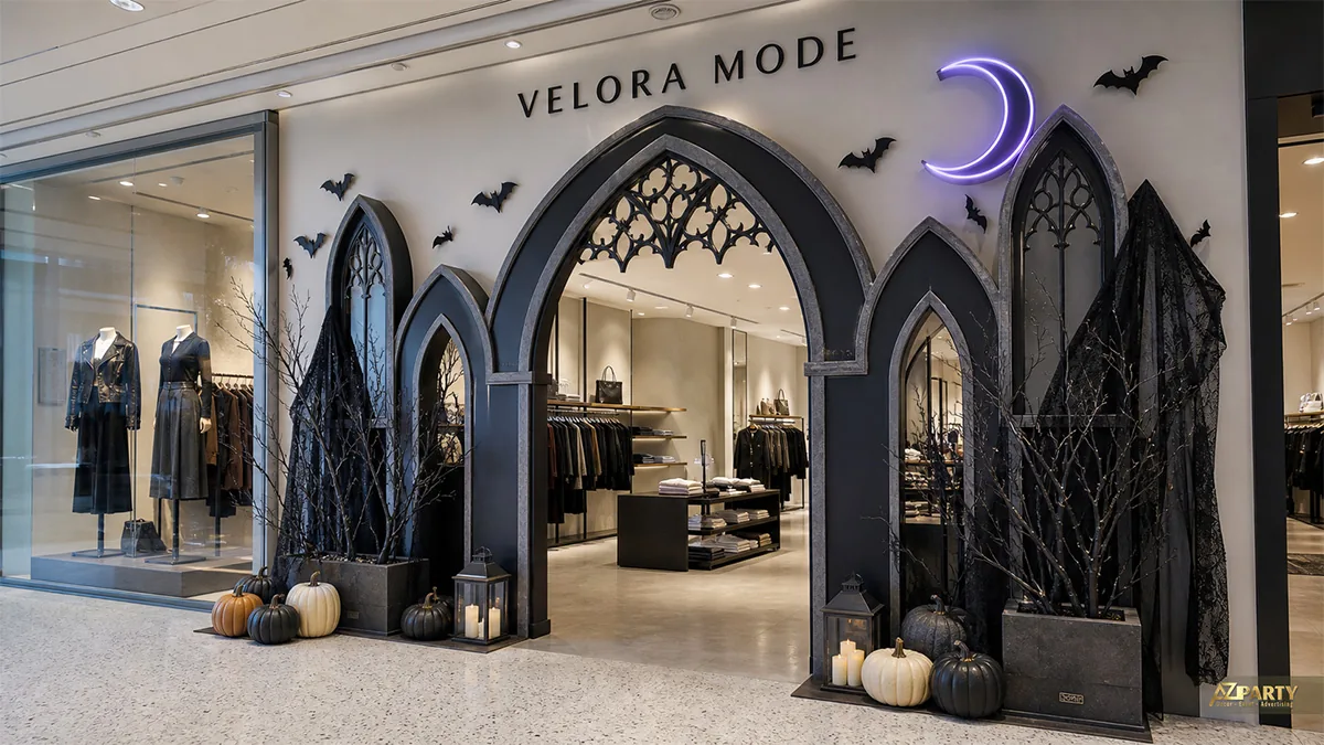 Cổng cửa hàng thời trang phong cách Gothic với vòm đen và trăng lưỡi liềm tím