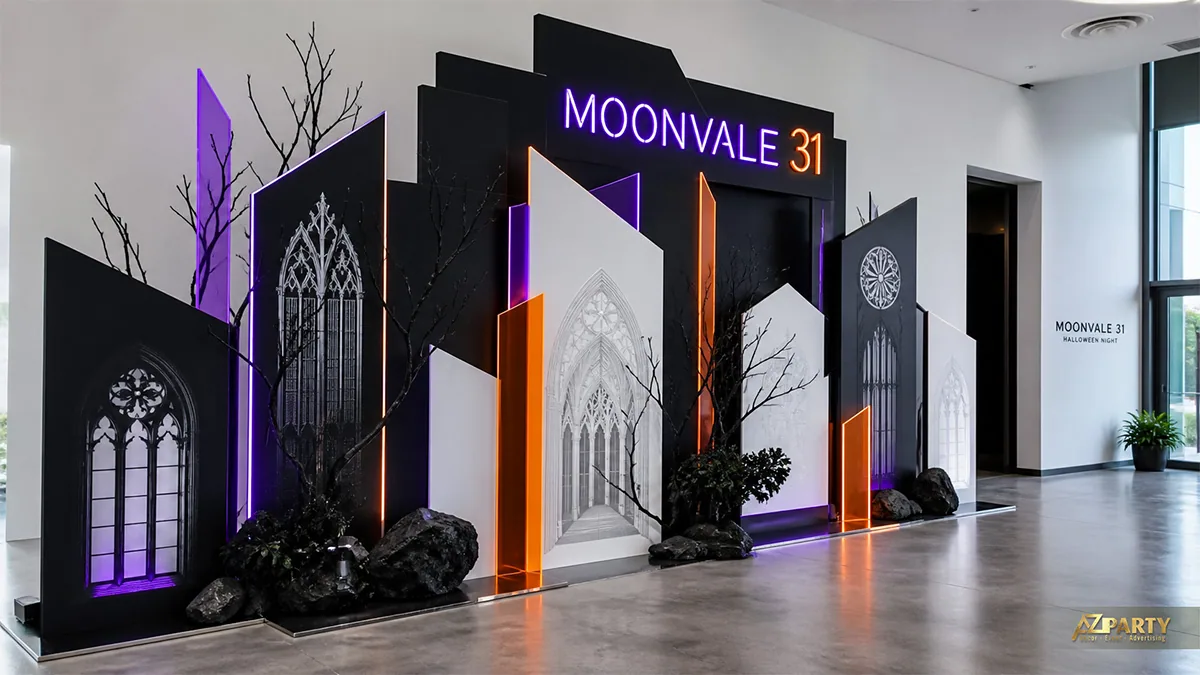 Cổng Halloween phong cách Gothic tối giản với khối cao thấp và đèn viền cam tím