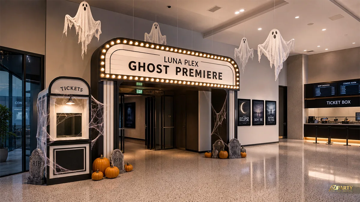 Cổng Halloween tại rạp chiếu phim với quầy vé, bóng ma treo và bia mộ