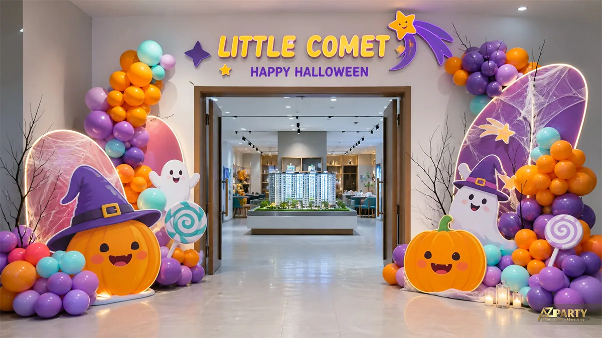 Cổng Halloween tại khu trưng bày với bóng tím cam, bí ngô cười, ma và kẹo