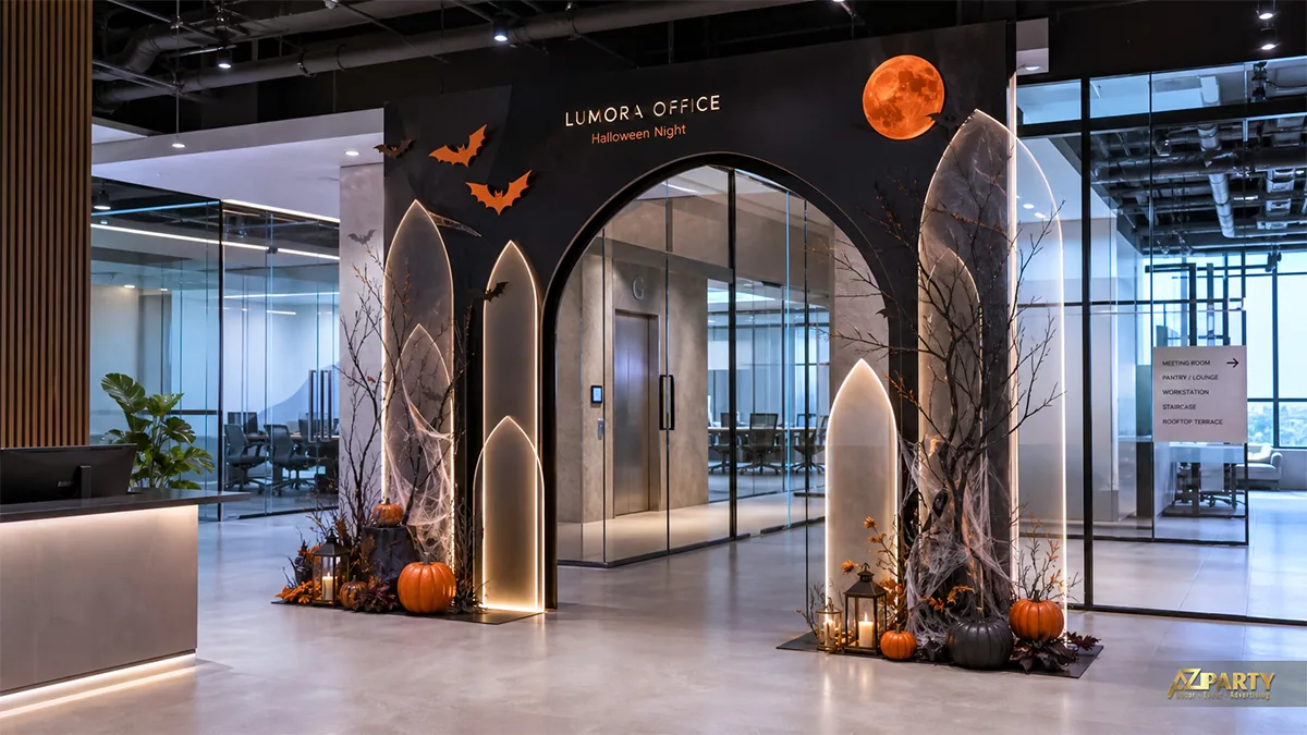 Cổng Halloween trong văn phòng với khối vòm cao, trăng cam, dơi và mạng nhện