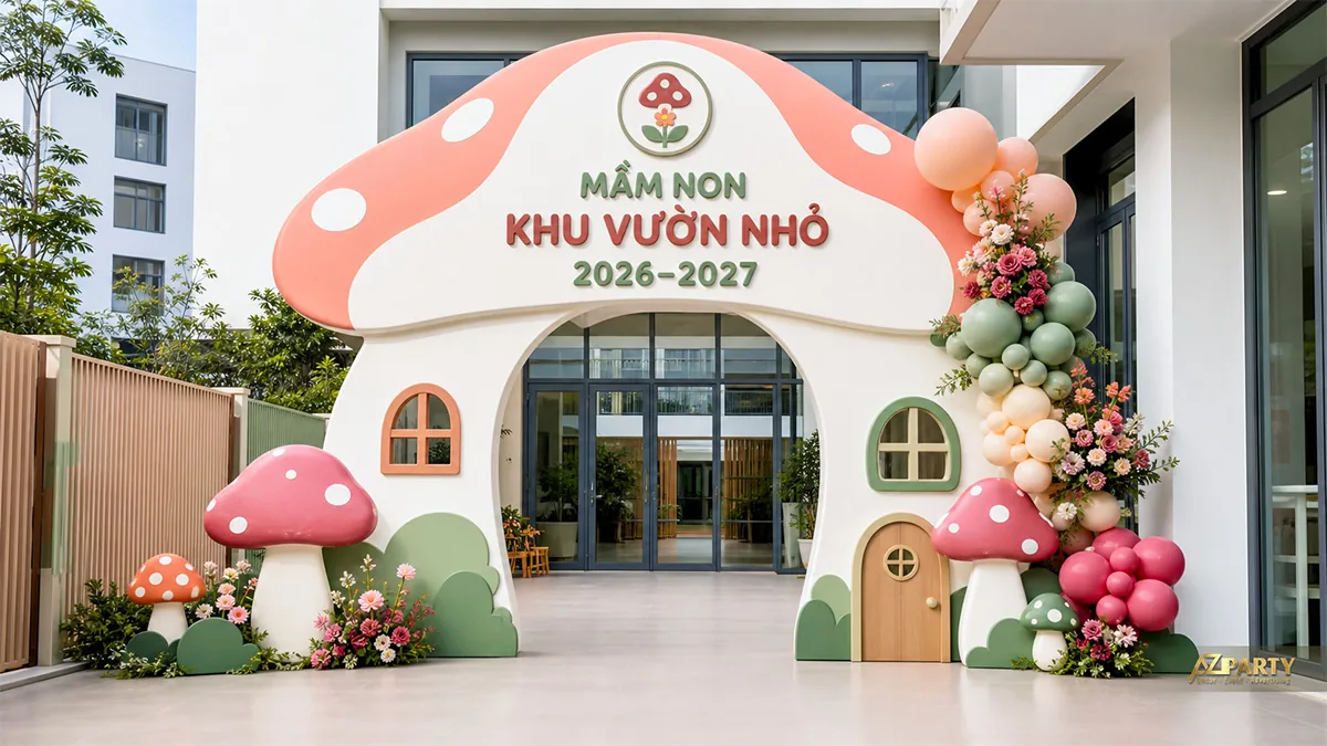 Cổng trường mầm non Khu Vườn Nhỏ tạo hình ngôi nhà nấm, hoa và bóng pastel