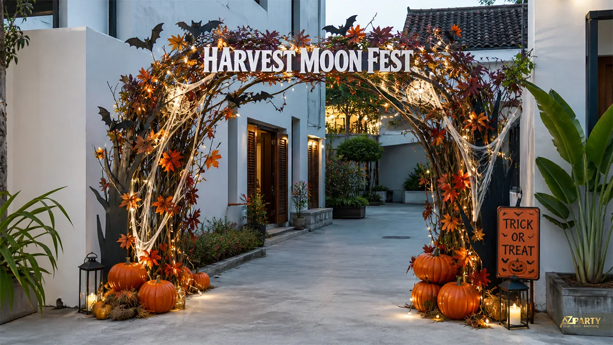 Cổng lá khô Halloween trong khu dân cư với đèn dây, bí ngô và bảng Trick or Treat