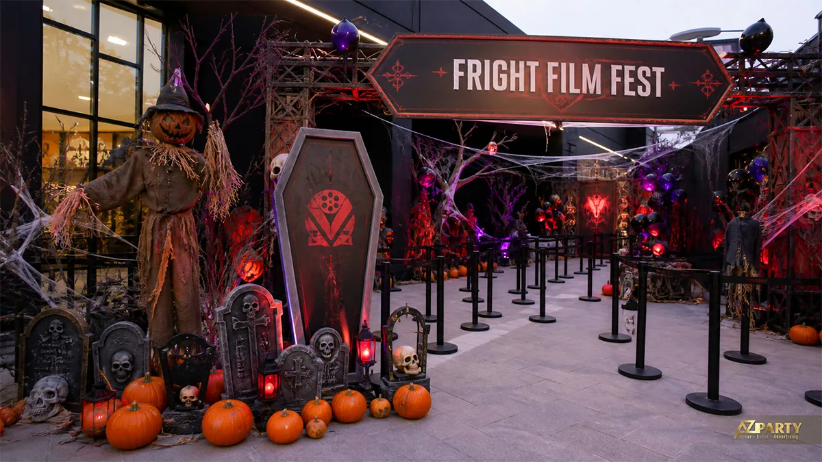 Cổng lễ hội phim kinh dị Halloween với bù nhìn bí ngô, quan tài, bia mộ và đầu lâu