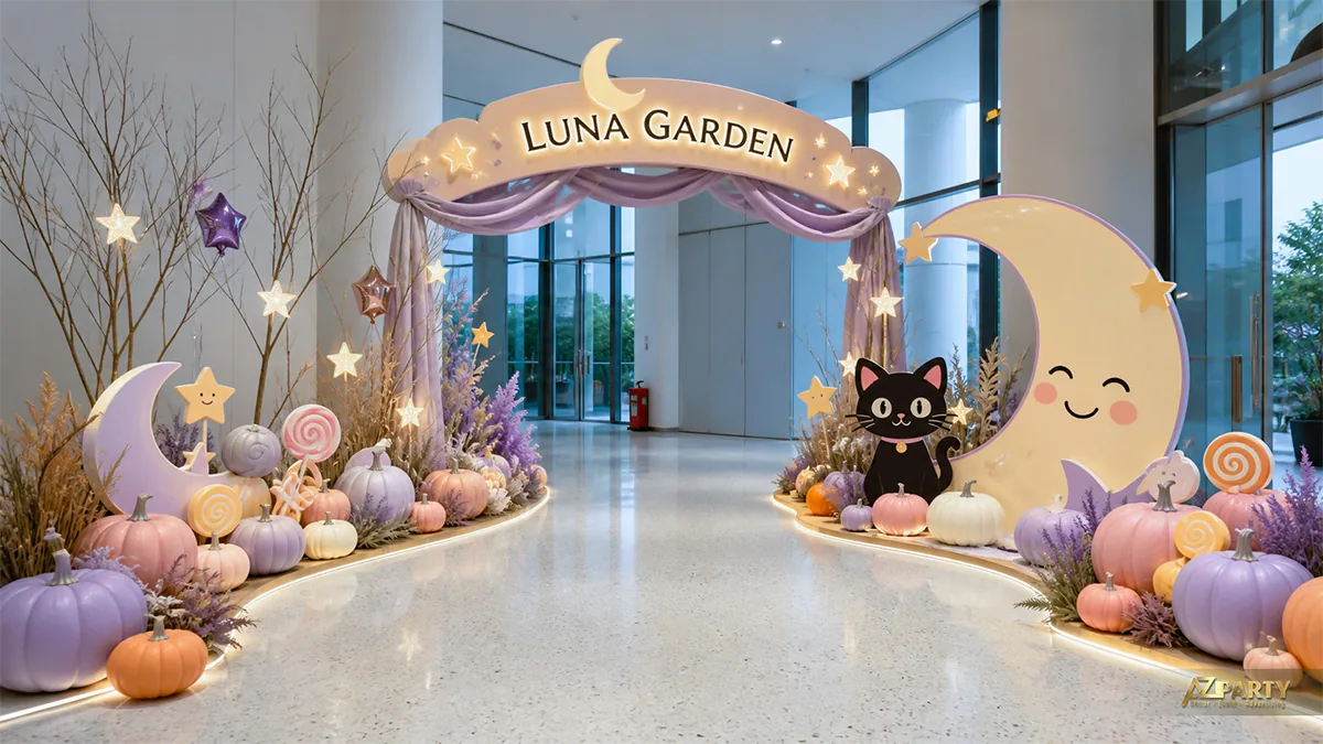 Cổng Luna Garden với trăng cười, mèo đen, bí ngô pastel, kẹo và hoa tím