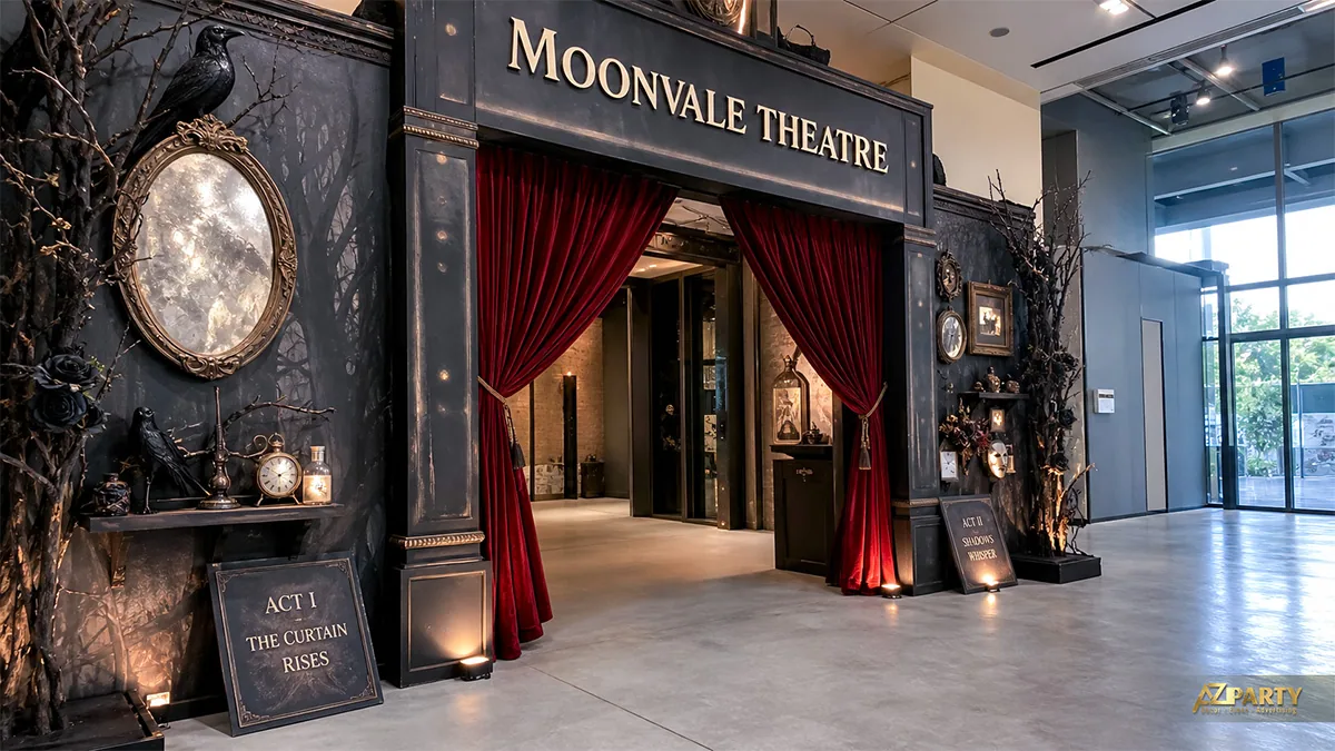 Cổng nhà hát Moonvale Theatre với rèm nhung đỏ, gương cổ, quạ và cành cây khô