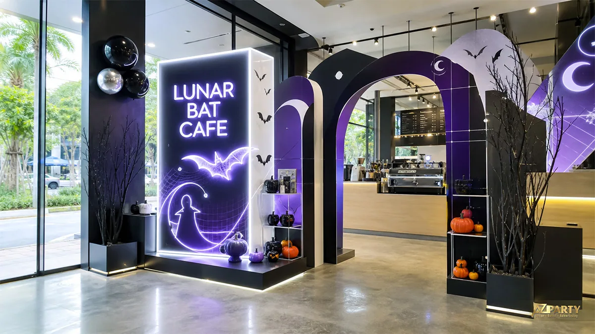 Cổng quán cà phê Halloween màu tím đen với vòm cong, dơi và đèn neon