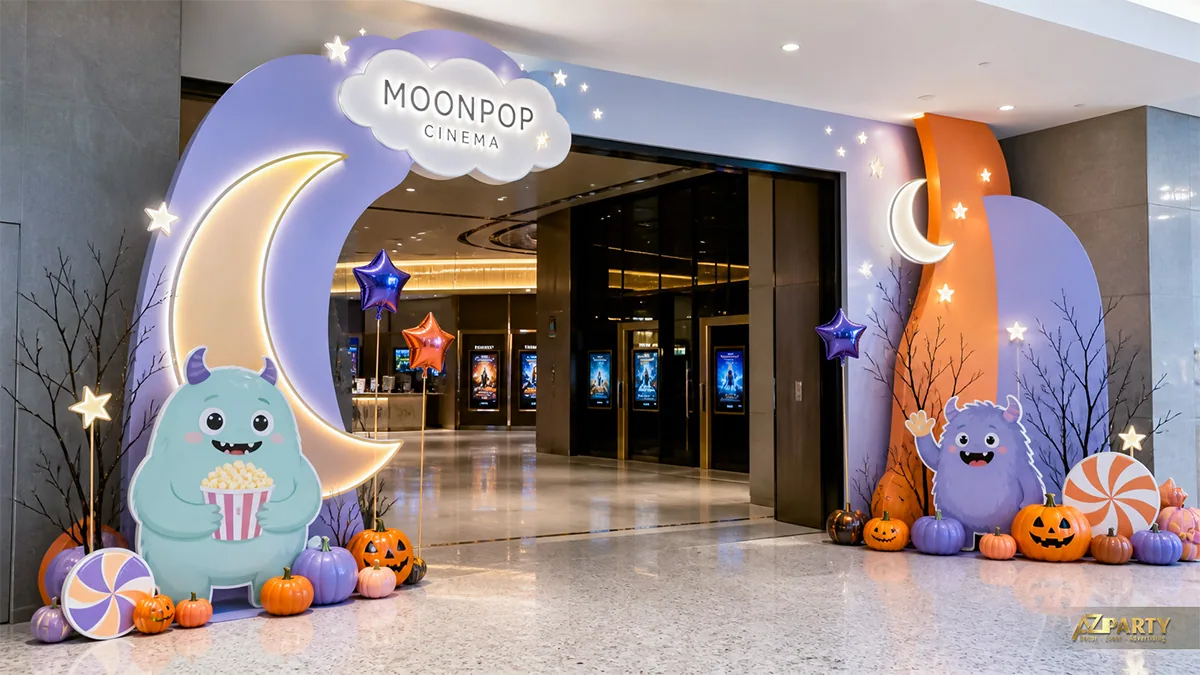 Cổng rạp phim Halloween pastel với quái vật cầm bắp rang, trăng sáng và bí ngô