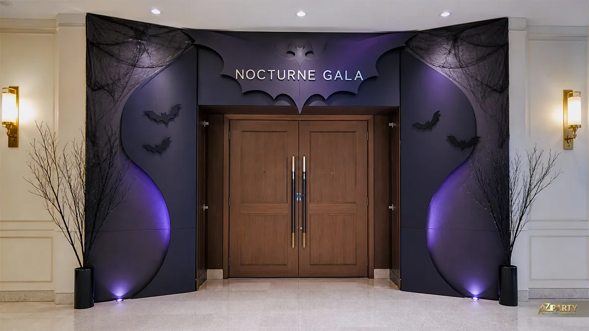 Cổng vào sự kiện Halloween màu tím đen với hình cánh dơi và cành khô