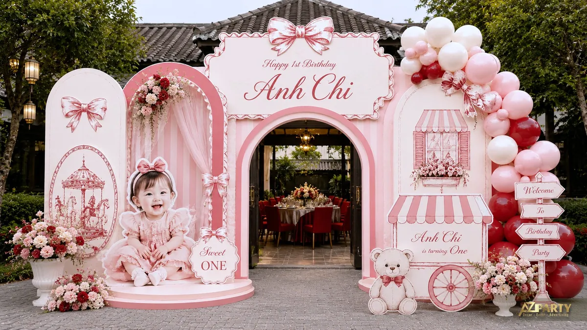 Cổng thôi nôi bé gái Anh Chi tone hồng đỏ với nơ, carousel, gấu bông và cụm bóng ngoài trời